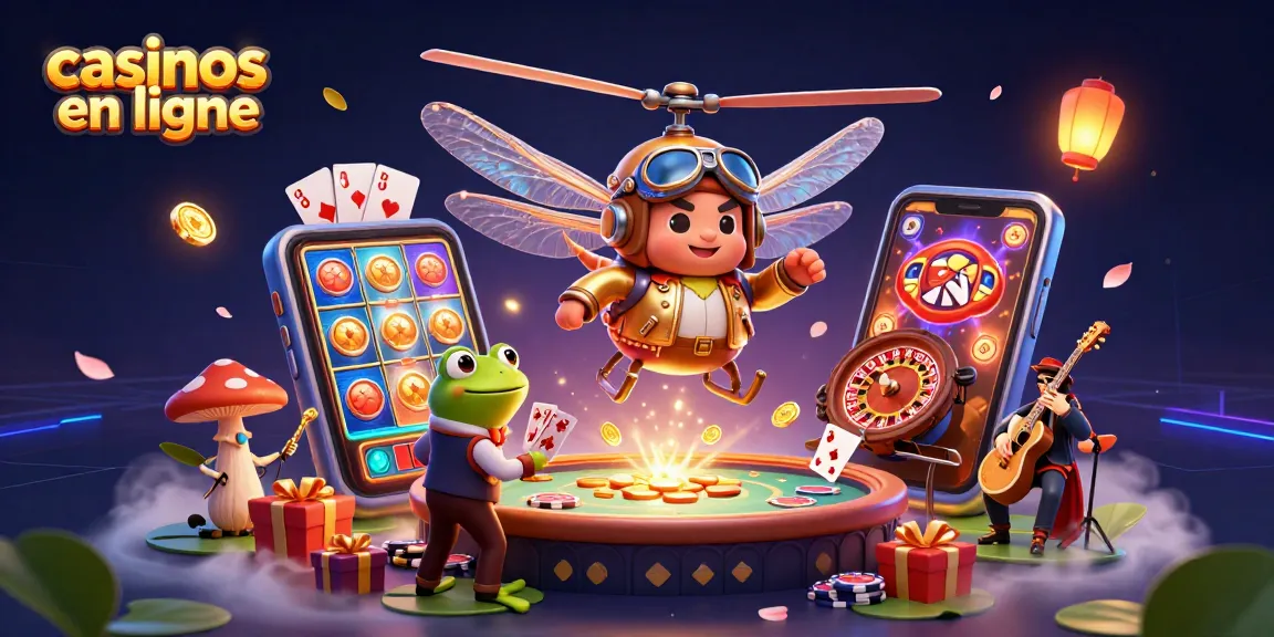 Jouez dans des casinos en ligne avec une illustration dynamique de jeux, croupiers et musique.