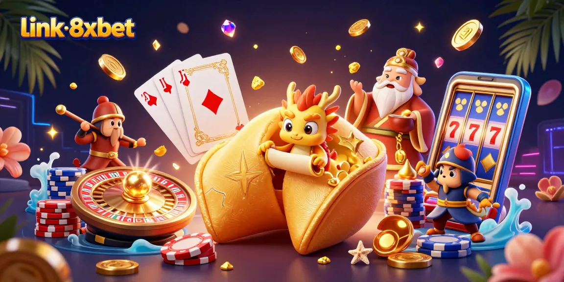 Win big with link 8xbet, featuring a vibrant casino scene with gold coins and dynamic gaming elements.