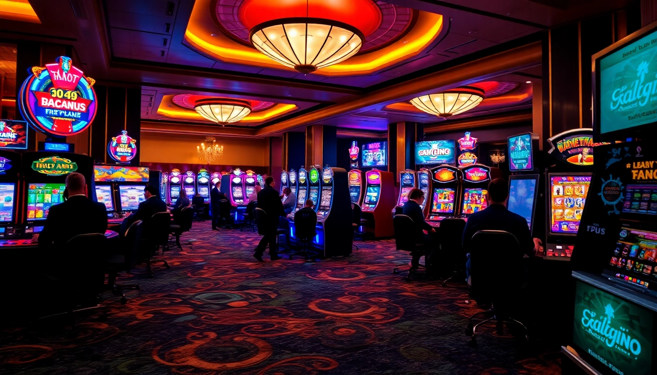 Engaging view of an exciting Non Uk Casino 2025 gaming floor with vibrant slot machines.