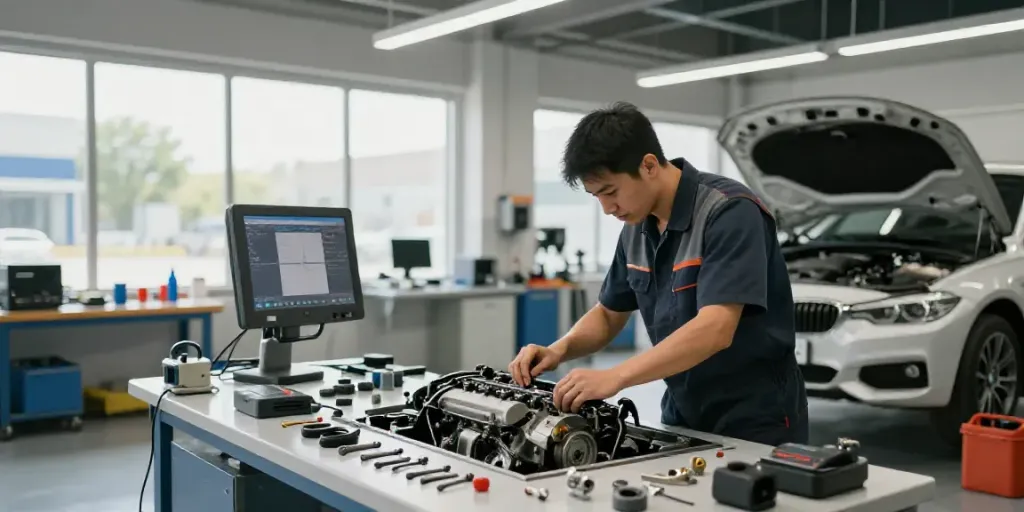 Expert mechanics at a bmw werkstatt hannover performing engine diagnostics in a modern workshop.