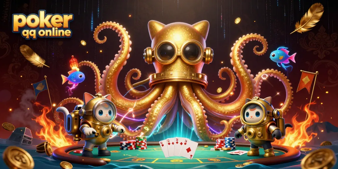 Engage in poker qq online adventures with a colossal kraken and diving cat in a vibrant casino setting.