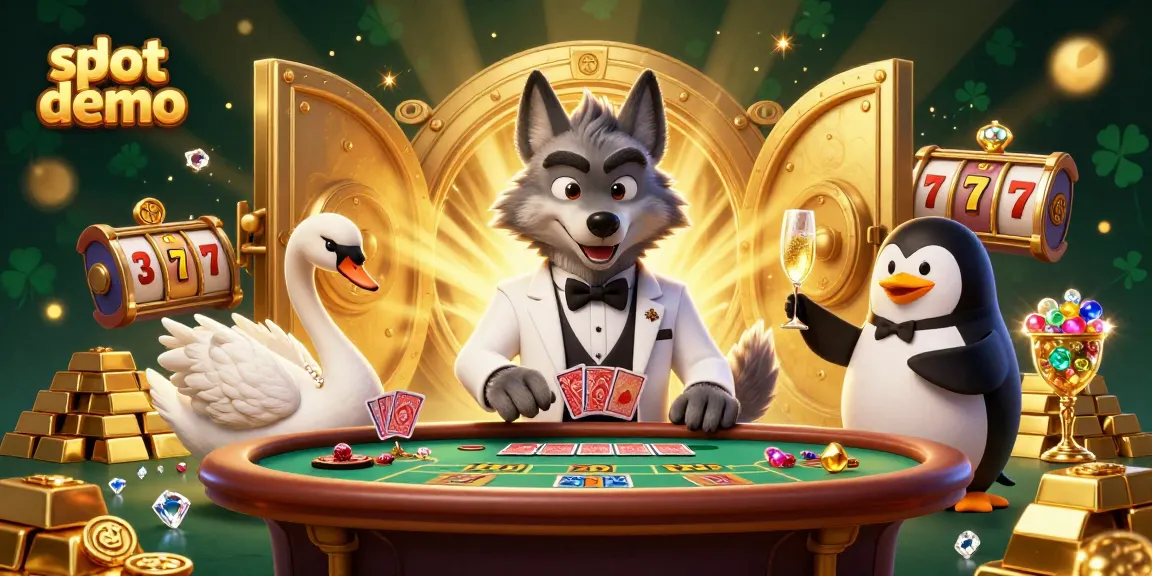 Slot demo yang menampilkan karakter kasino dengan banyak harta dan elemen permainan menarik.