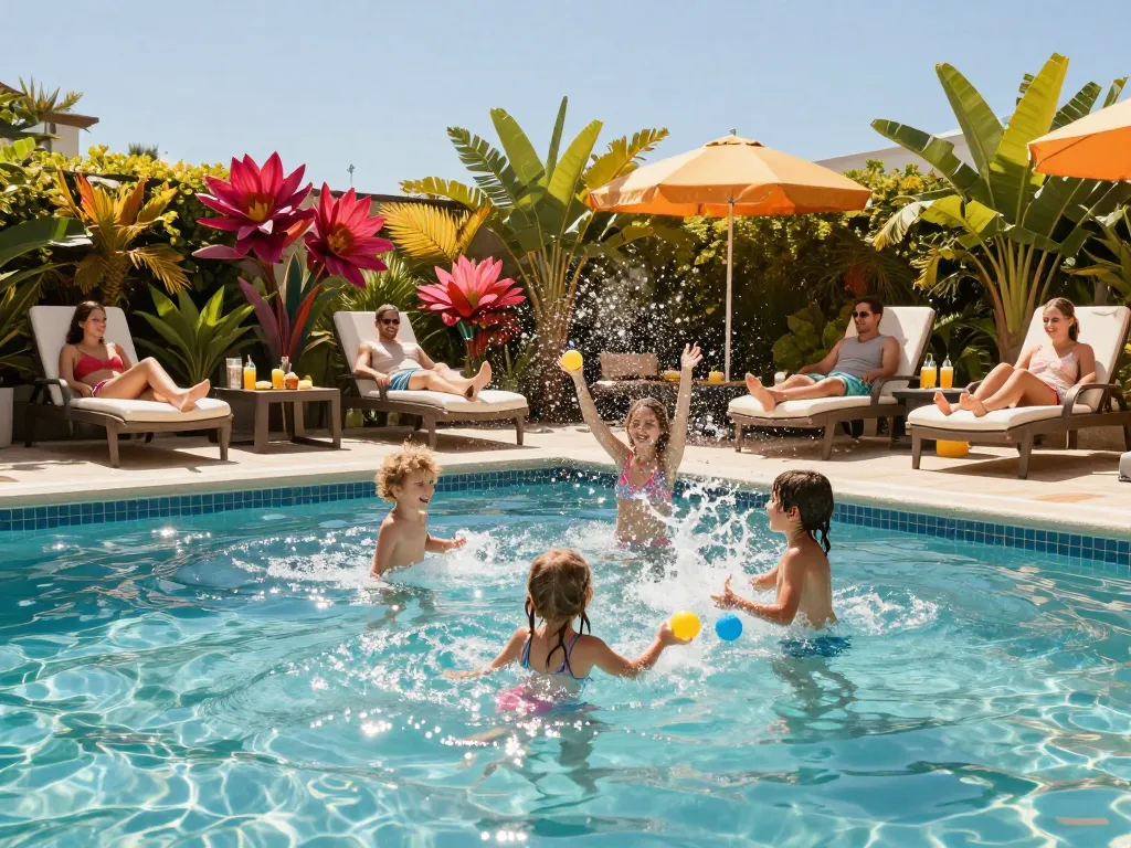 Dolphin Pool Services family enjoying their pristine pool, surrounded by tropical plants and fun summer atmosphere.