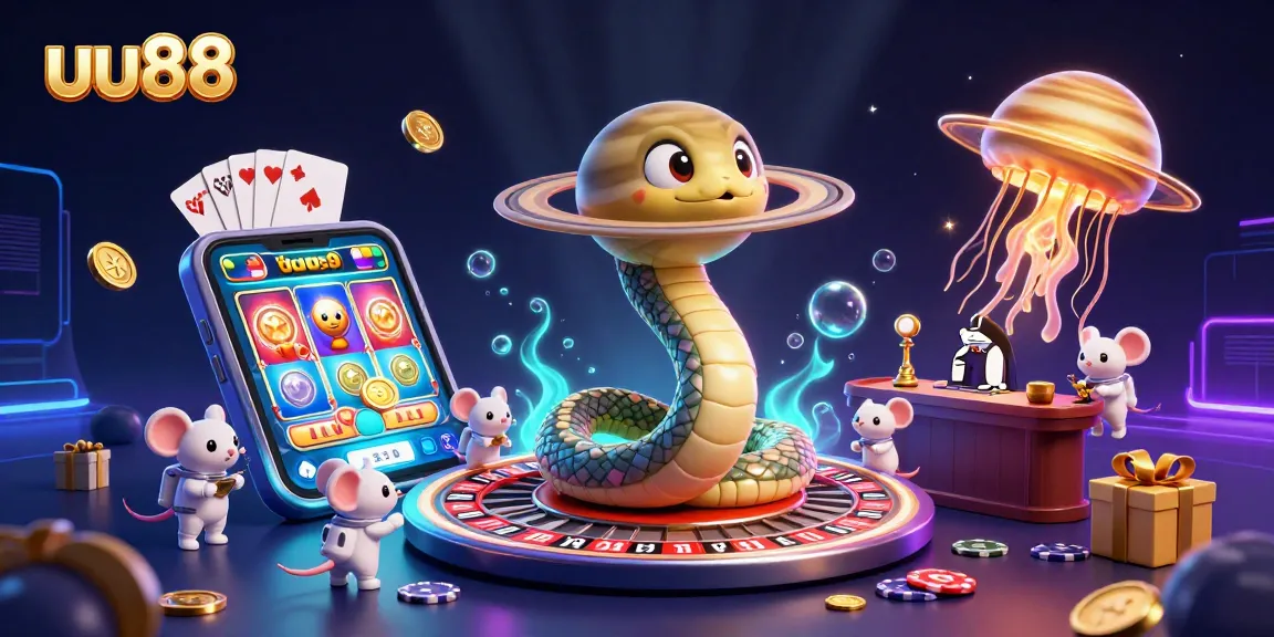 uu88 casino scene with Saturn snake roulette and cosmic mouse bettors in vibrant colors