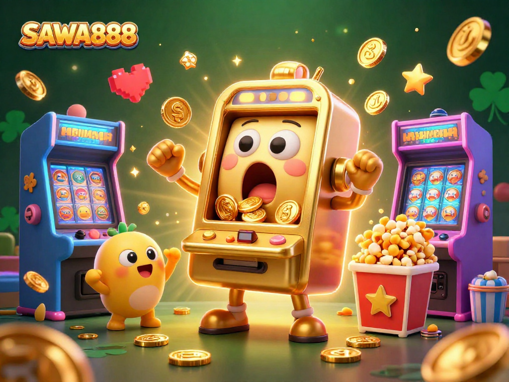 SAWA888 engages players with a vibrant jackpot scene, featuring cheerful slot machines and golden coins.