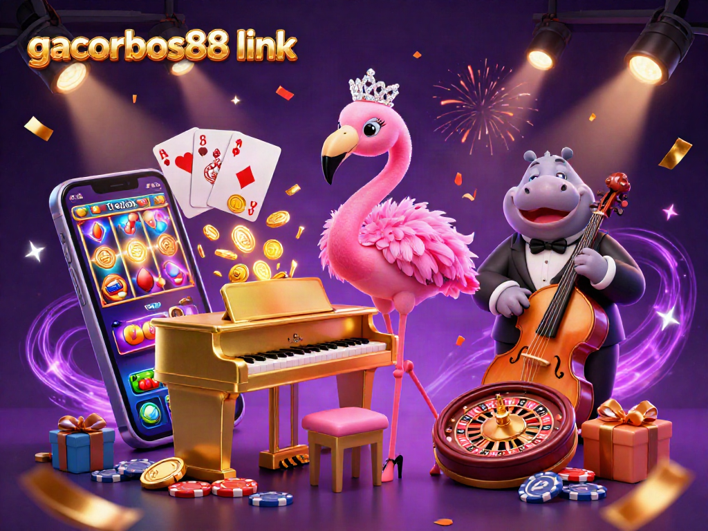 Experience the action with gacorbos88 link at a vibrant casino scene featuring a flamingo singer and mobile slot games.