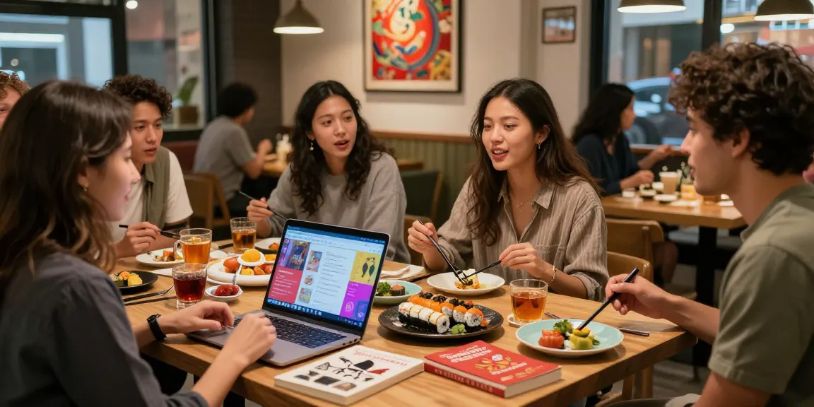 Diverse friends sharing a meal while interacting with content from https://hanadultalk.com in a warm café.
