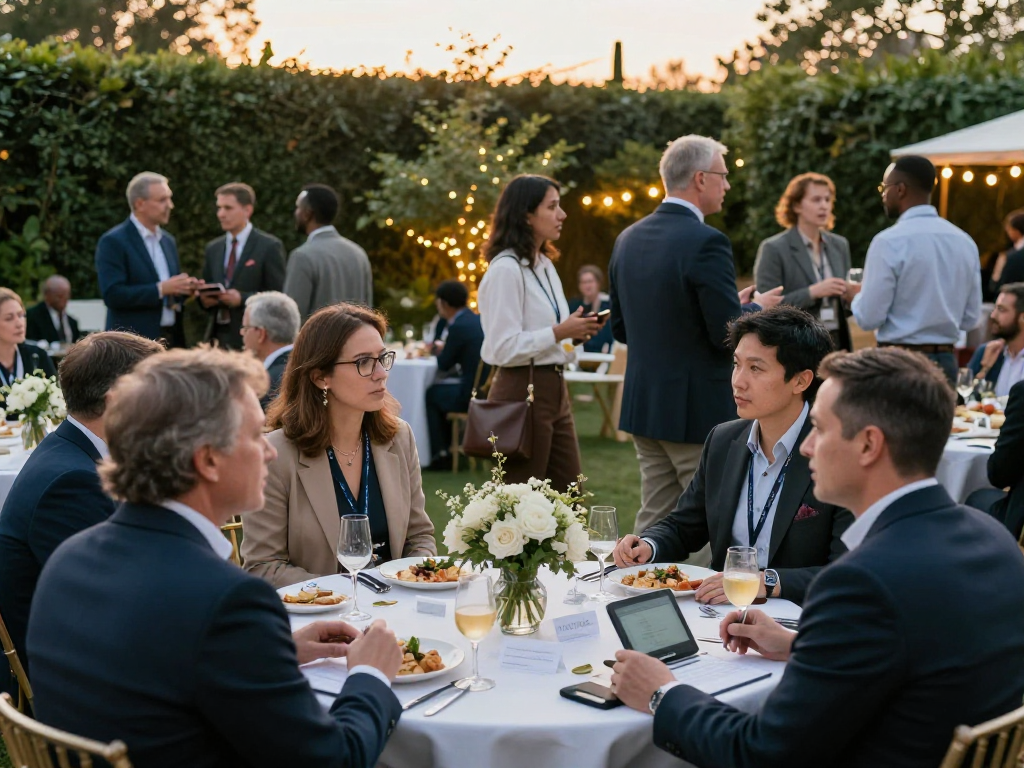 Diverse hospitality professionals engaging and networking at an outdoor event showcasing rokok88 alternatif strategies in an inviting atmosphere.