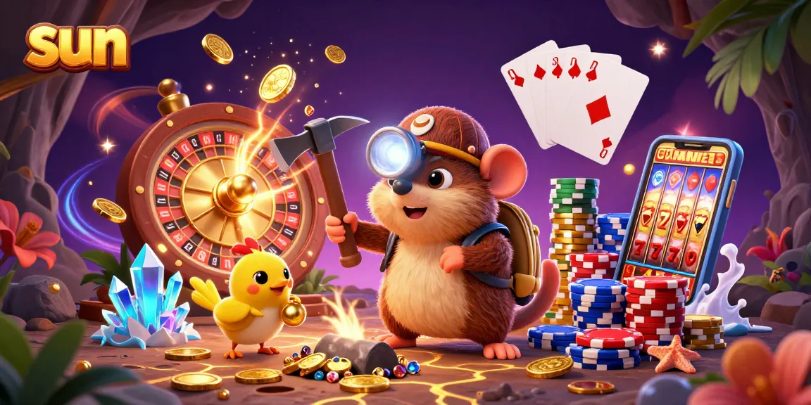 Sun treasure hunter mole and canary surrounded by coins and casino elements in a vibrant gaming scene.