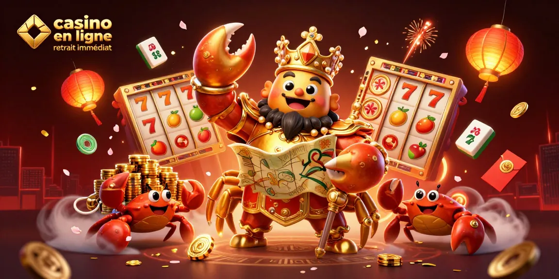 Illustration vibrante de casino en ligne retrait immédiat avec un crabe en or portant un sceptre et des crabes assistants, entouré d'éléments de jeu dynamiques.
