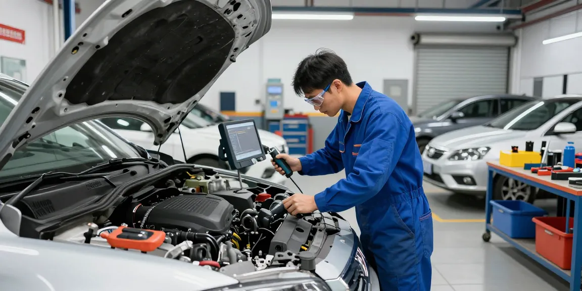 Mechanic working in an auto repair shop, diagnosing engine issues with tools and equipment.