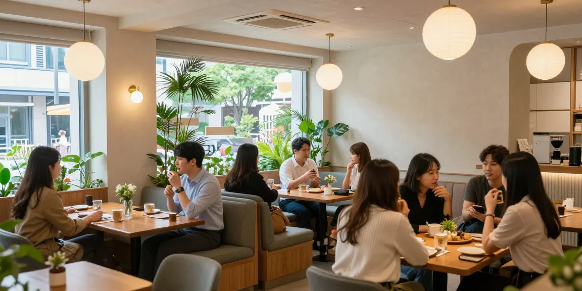 강남쩜오 멀리건의 아늑한 내부 공간에서 손님들이 즐기는 모습으로, 편안한 분위기와 세련된 인테리어가 특징입니다.