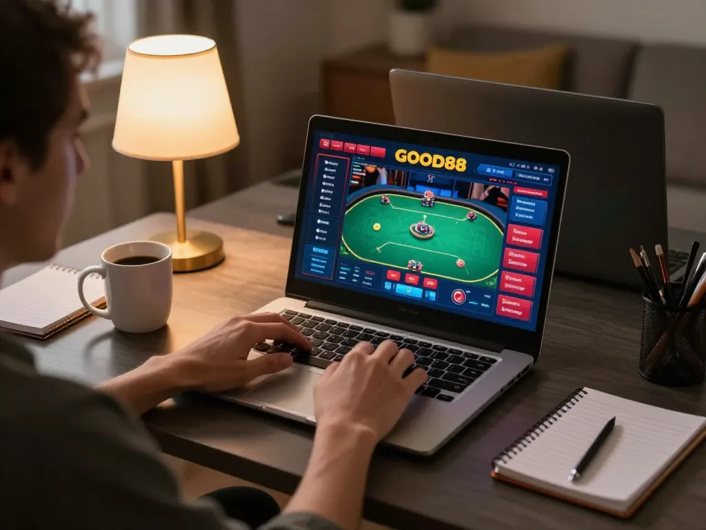 Engaged player using laptop for GOOD88 online casino gaming, showcasing vibrant poker interface.