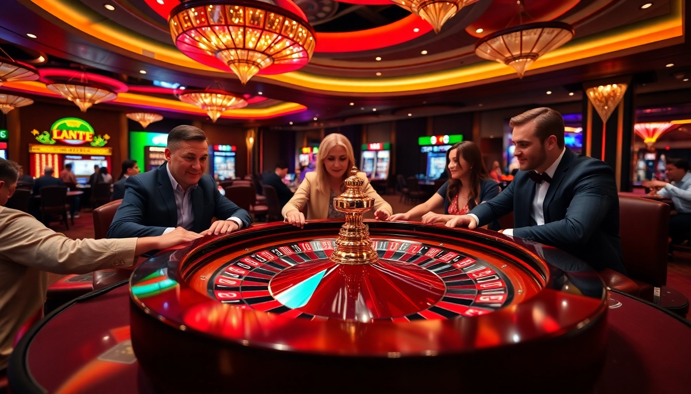 Menggambarkan suasana kasino https://vietnamist.com/ dengan pemain yang antusias di meja roulette.