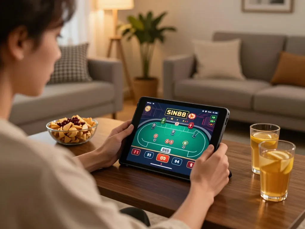Engaging at-home poker game with SIN88, showcasing strategic gameplay on tablet in a cozy setting