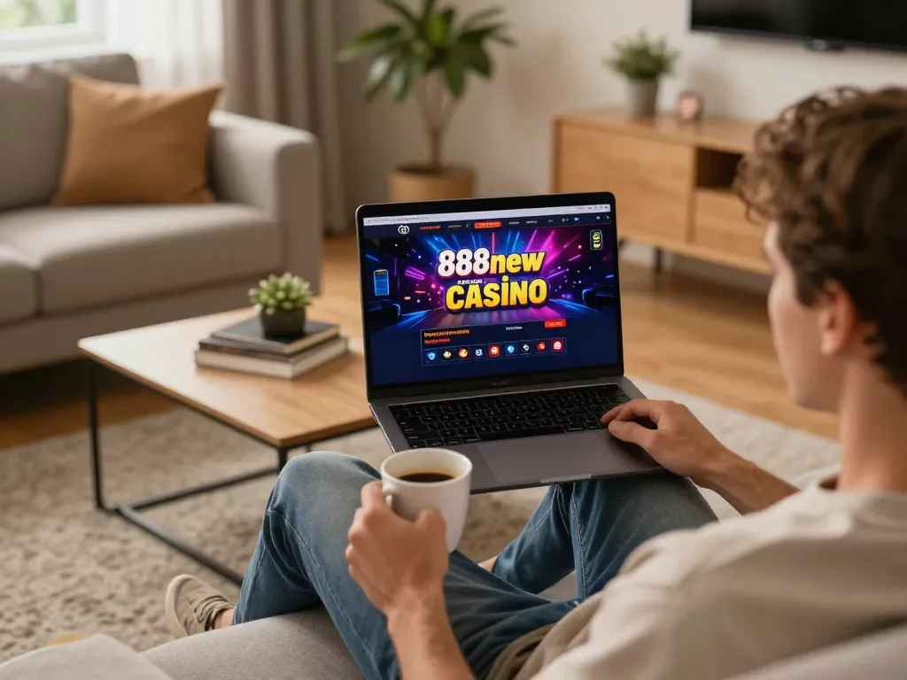 Engaging online gaming scene at 888new com showcasing a laptop with casino interface, cozy home setting
