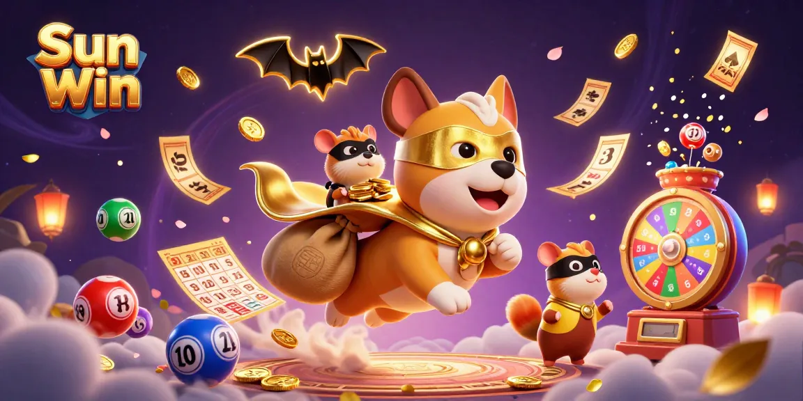 Engage in thrilling gameplay with Sun Win, led by an adventurous superhero dog in a casino-themed illustration.