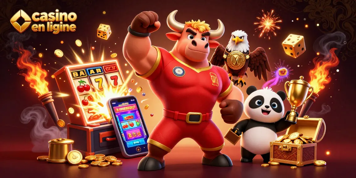 Jouez à casino en ligne avec mascotte joyeuse, machines à sous et ambiance festive.