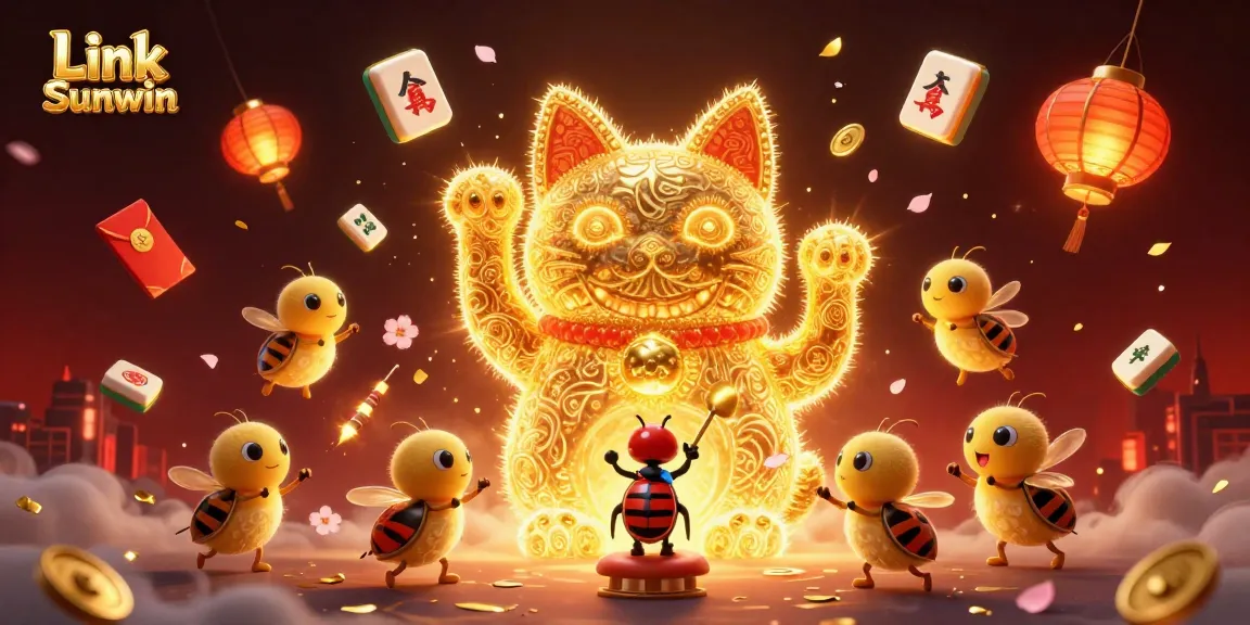 Experience the excitement of Link Sunwin with vibrant casino elements and a lucky cat illustration.