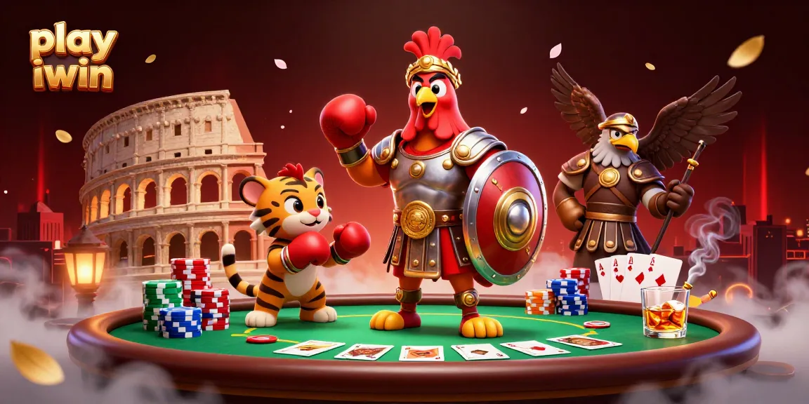 Play iwin in this dynamic illustration featuring a gladiator rooster and poker elements.