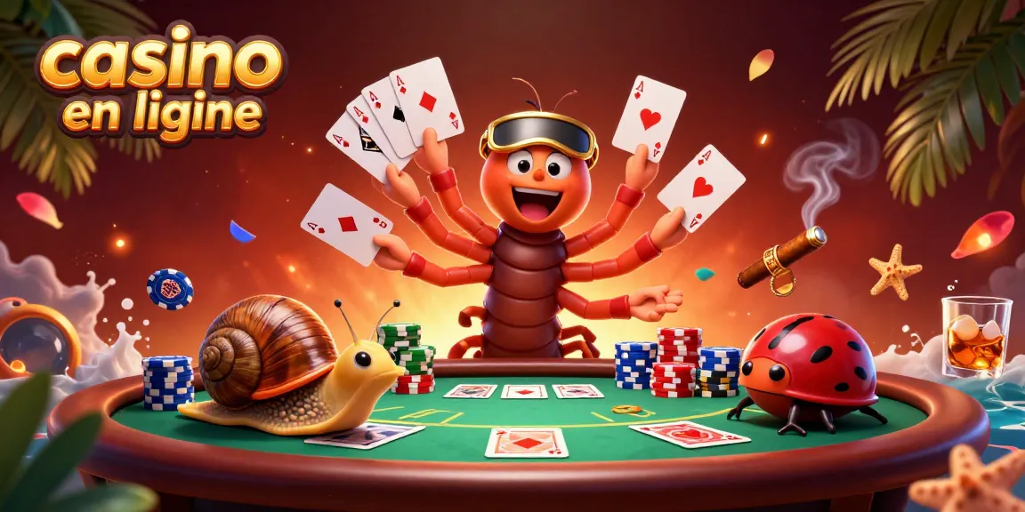 Casino en ligne avec un croupier millipède illustré en 3D entouré de jetons et d'une ambiance excitante.