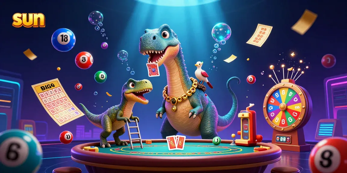 Experience thrilling gameplay under the sun with a brontosaurus at a vibrant casino scene!