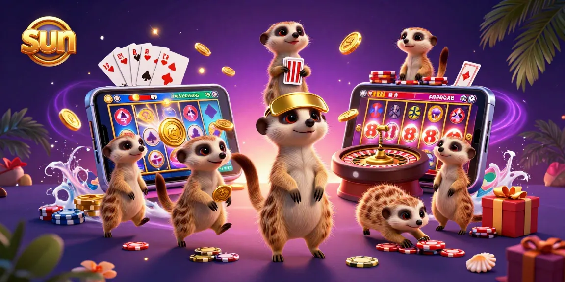 Sunlit meerkats thriving in a dynamic casino, dashing towards golden coins and slot games.