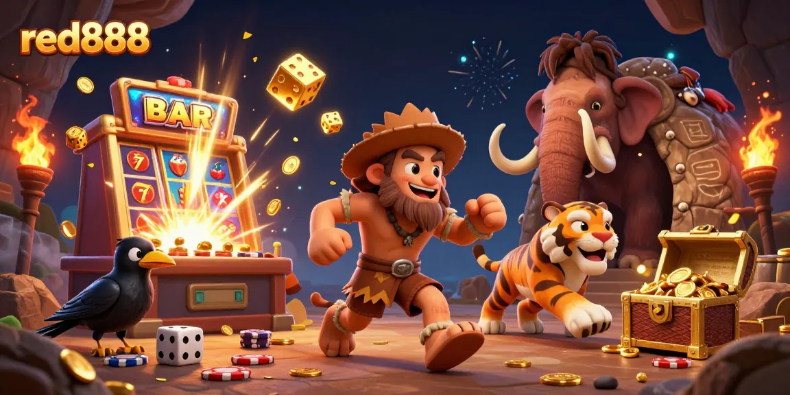 Experience thrilling gameplay with red888's vibrant casino scene featuring a cartoon caveman duo.