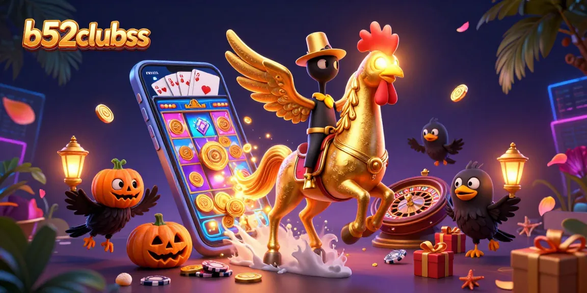 B52clubss showcases a vibrant casino scene with cartoonish characters exploring slot games and rich prizes.