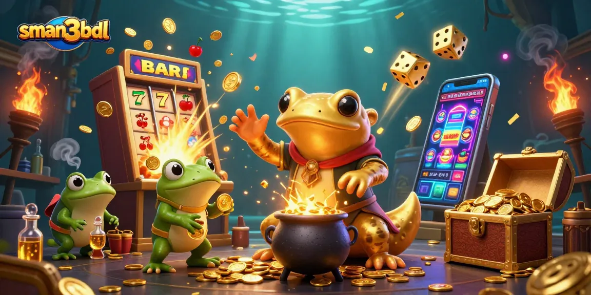 Gambarkan pelanggaran jackpot sman3bdl dengan alkemis salamander berisi koin emas, slot mesin dan dadu berkilau.