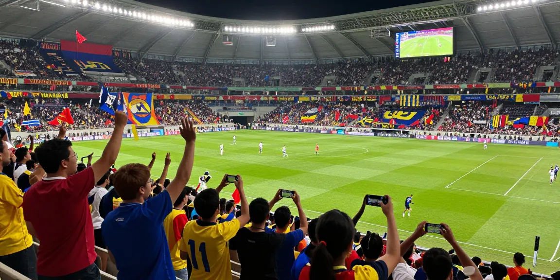 Live koora scene of football fans cheering passionately during a live match, showcasing stadium excitement.