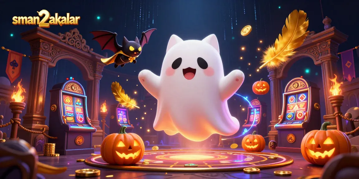 Gambarlah sman2takalar yang menggambarkan kucing hantu melayang di kasino berhantu, dikelilingi elemen perjudian.