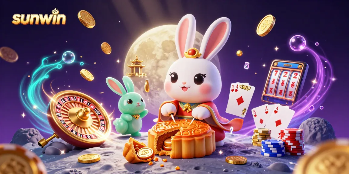 Experience the thrill of sunwin as the moon rabbit reveals poker chips amidst golden coins and roulette.