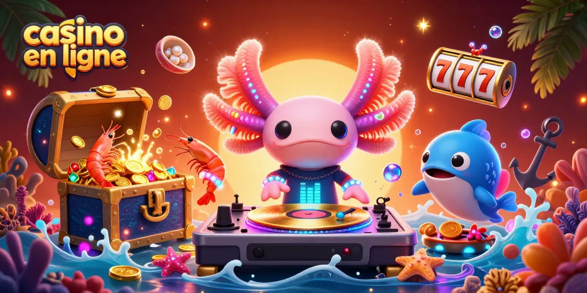 Plonger dans un monde de casino en ligne avec une scène animée de DJ axolotl et de crevettes dansantes.