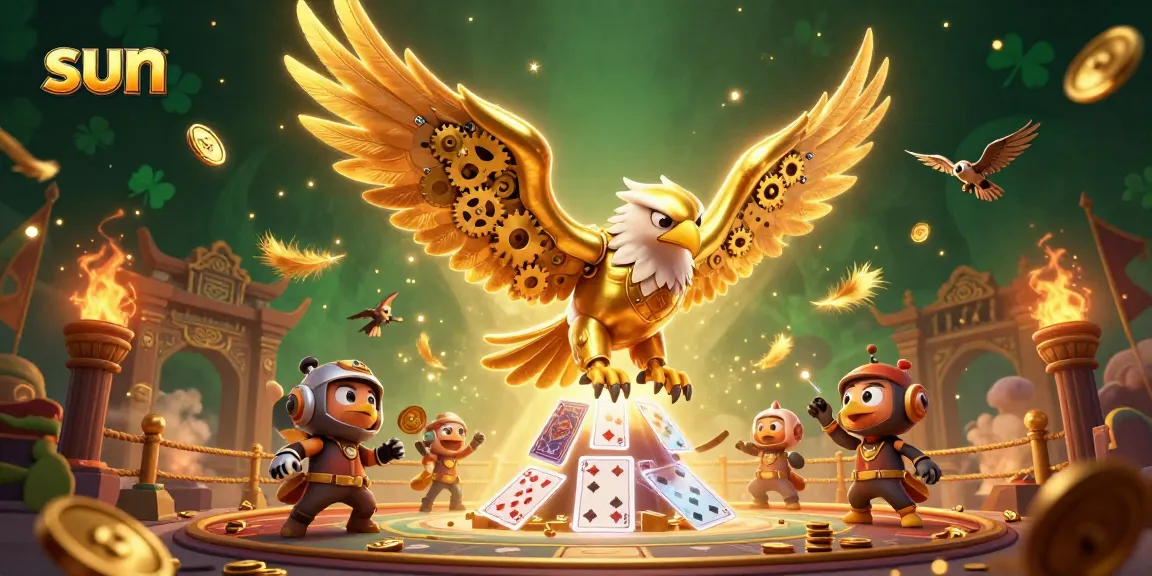 Experience stunning sun-themed 3D illustration with golden eagle diving through playing cards in a vibrant casino setting.