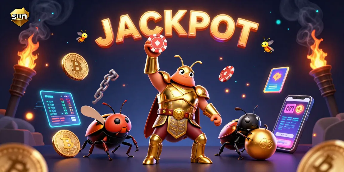 Win with sun’s gaming power, featuring a gladiatorial beetle championing poker with epic coins around.