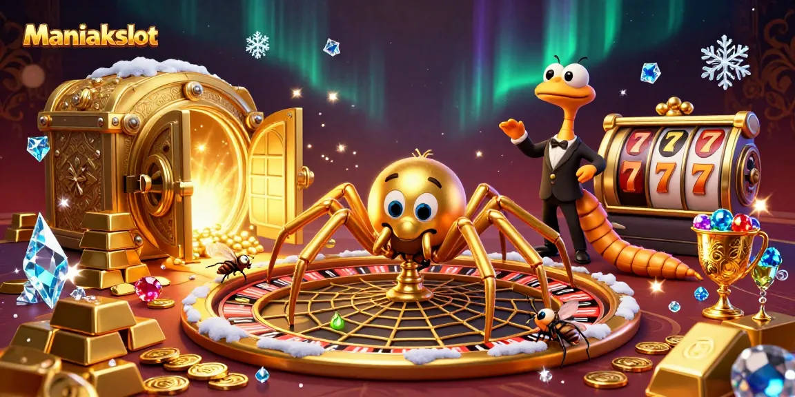 Engage with Maniakslot's lively 3D cartoon scene of a spider spinning a roulette wheel web.