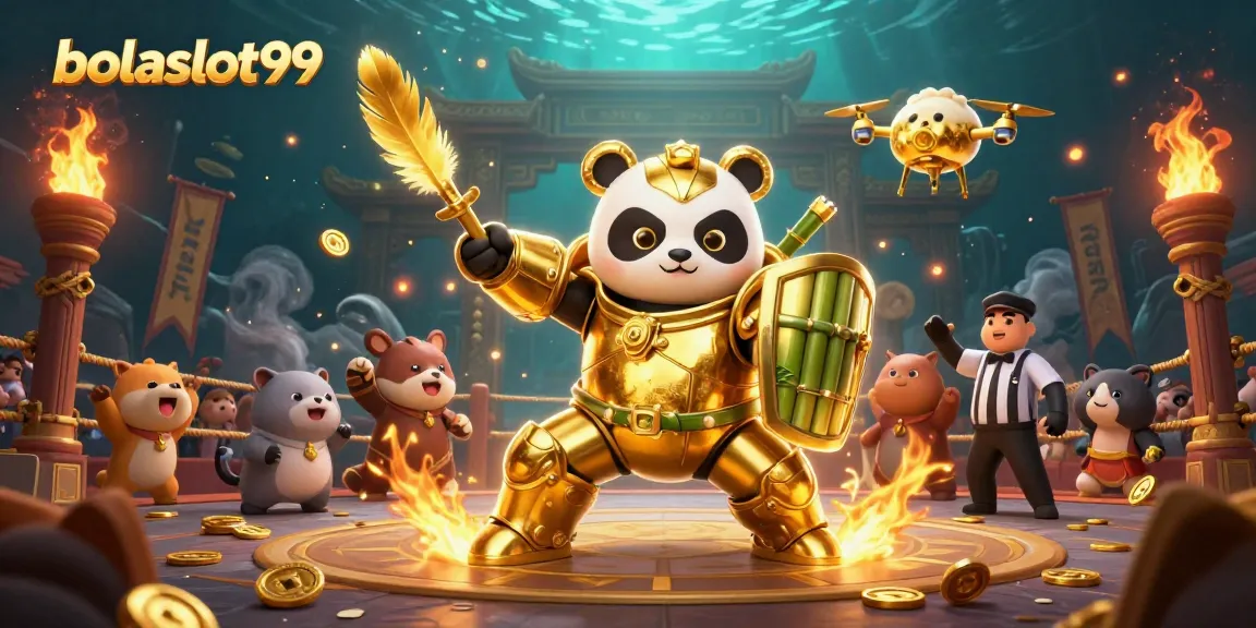 Bolaslot99 showcases a vibrant 3D casino scene with a mech-suit panda battling in a dynamic arena.