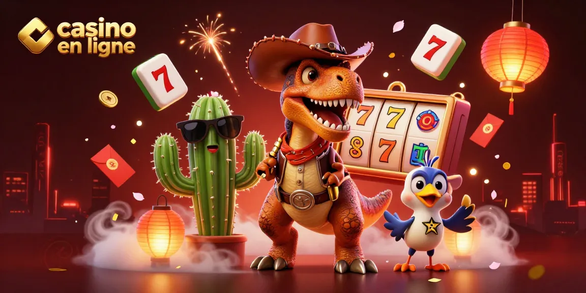 Illustration festive de casino en ligne, avec un cowboy dinosaure et des éléments de jeu dynamiques.