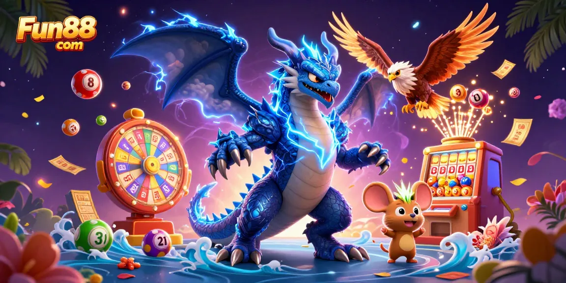 Engage with Fun88 com's colorful lottery scene featuring a thunder dragon and dynamic game elements.