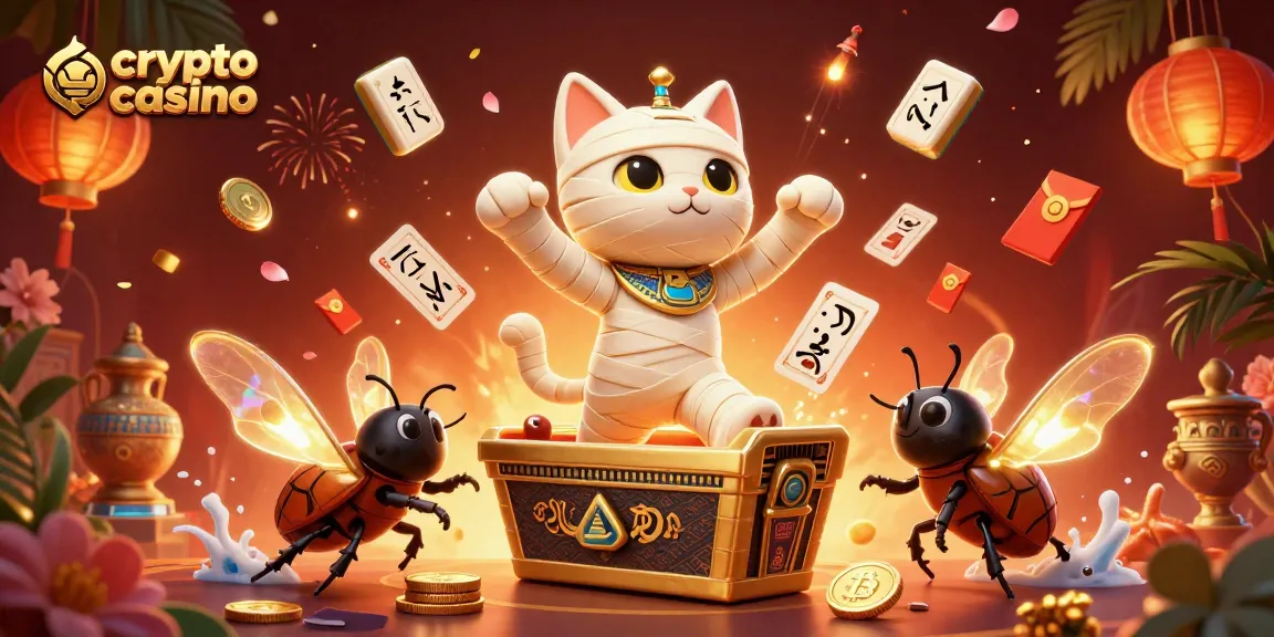 Profitez d'une expérience immersive dans un crypto casino avec un chat momie et des éléments vibrants.