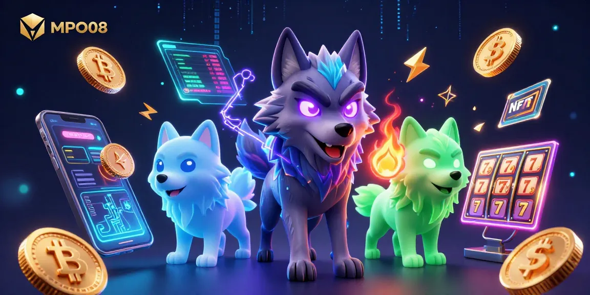 MPO08 presents an engaging scene with spectral wolves and glowing crypto coins reflecting an interactive gaming experience.