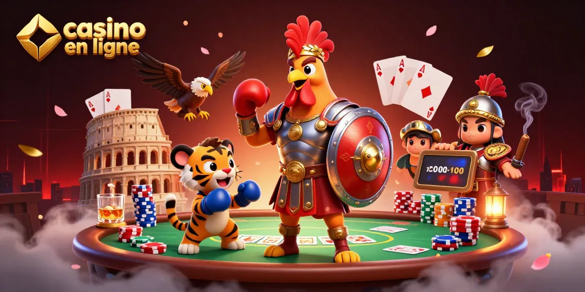 Surprenez-vous avec le casino en ligne dans une illustration 3D captivante, mêlant poker et gladiateur.