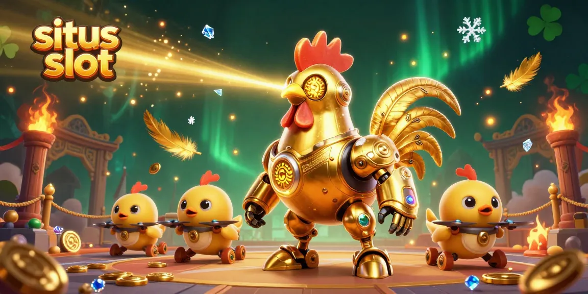 Menggali RTP tinggi dari situs slot, menggunakan robot ayam emas futuristik dalam pertarungan kasino.