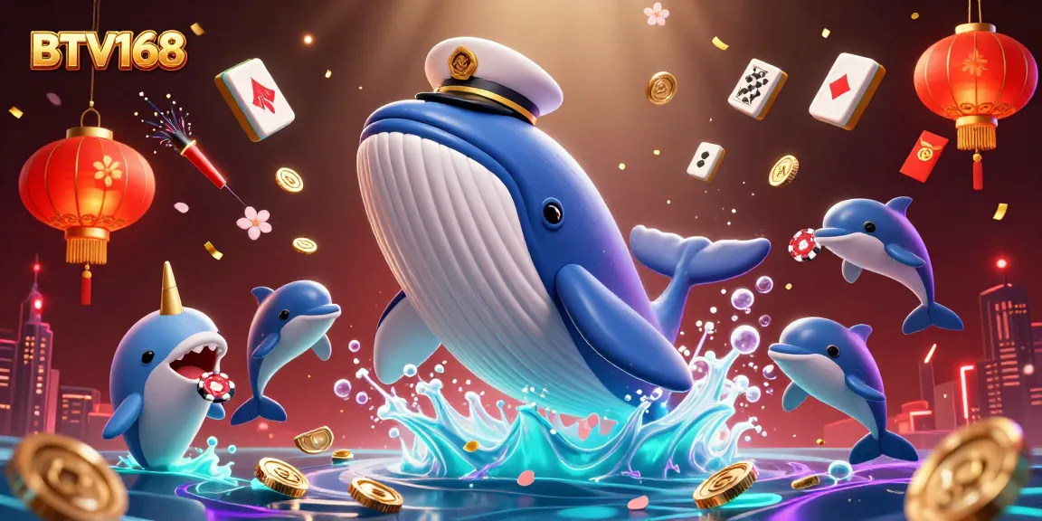 BTV168 showcases a vibrant online casino scene with a cartoon whale amidst coins, lively dolphins, and festive decorations.