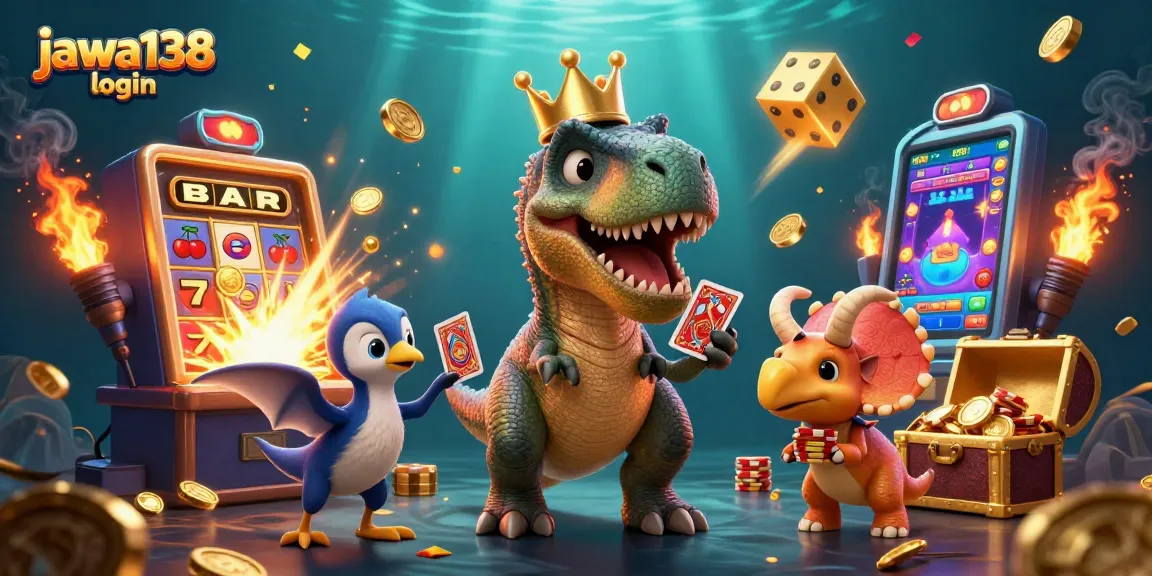 Permainan menarik di jawa138 login dengan T-Rex memegang kartu dan triceratops menggunungkan chip emas di latar belakang kasino yang meriah.