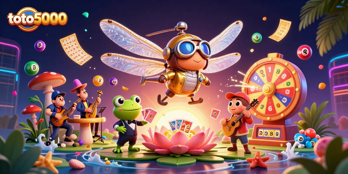 Engage with the dynamic toto5000 lottery scene featuring a whimsical dragonfly pilot and vibrant game elements.