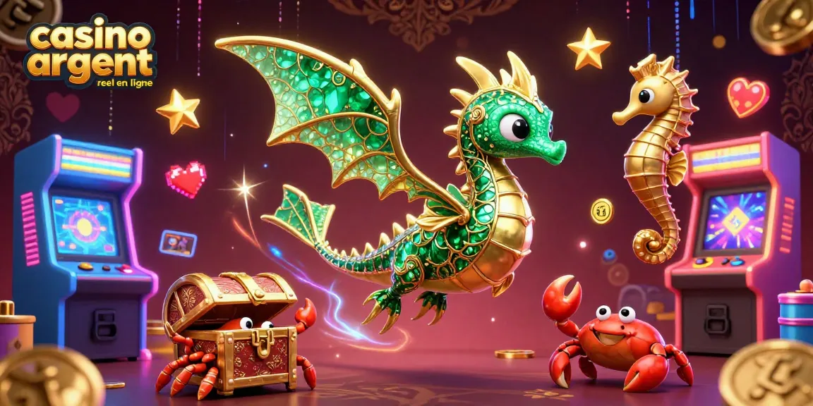 Les joueurs explorent les trésors des casinos en ligne argent réel avec un dragon de mer dans un monde coloré.