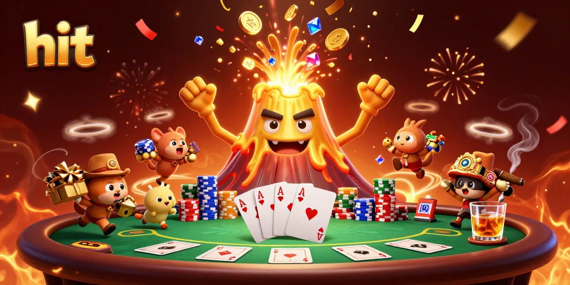 Hit casino action scene with a golden volcano erupting coins and tiny animals fleeing with treasure