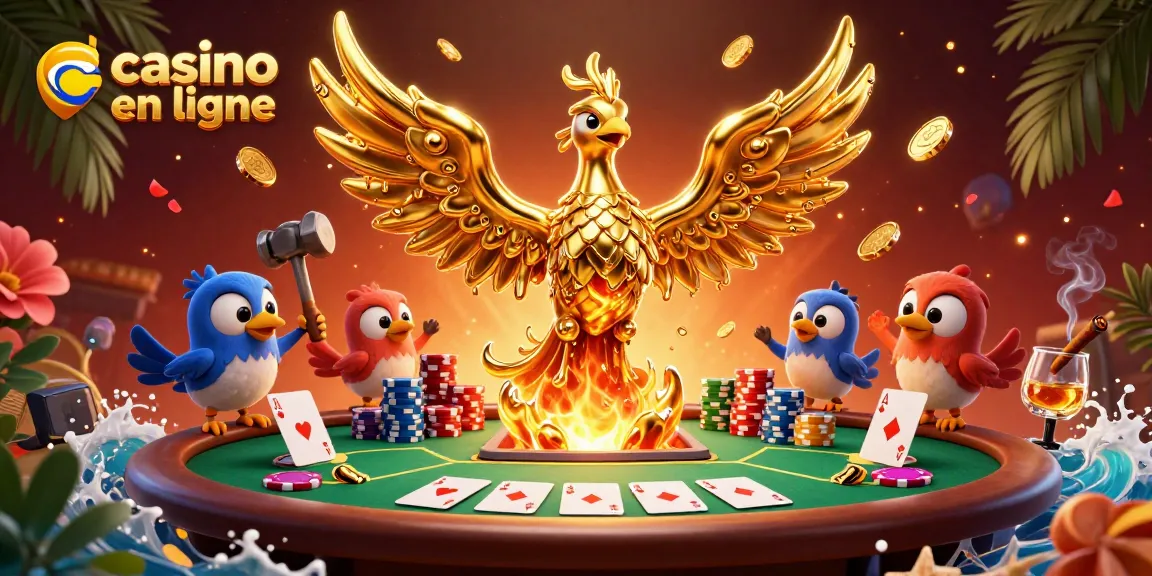 Découvrez un casino en ligne dynamique avec un phénix doré et des jetons de poker.